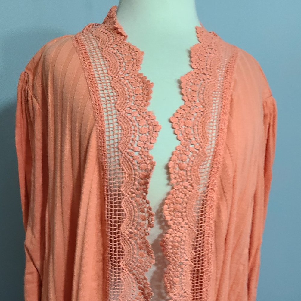 Beautiful Peach Ribbed Jersey Lace trimmed Long Cardigan Summery 2X Roamans